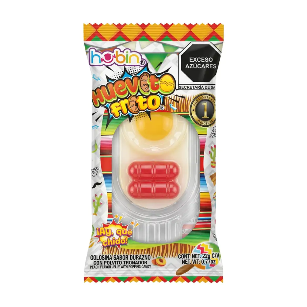 1pza gomita jelly hubin con forma de huevito frito con salchicha, sabor durazno + polvo tronador