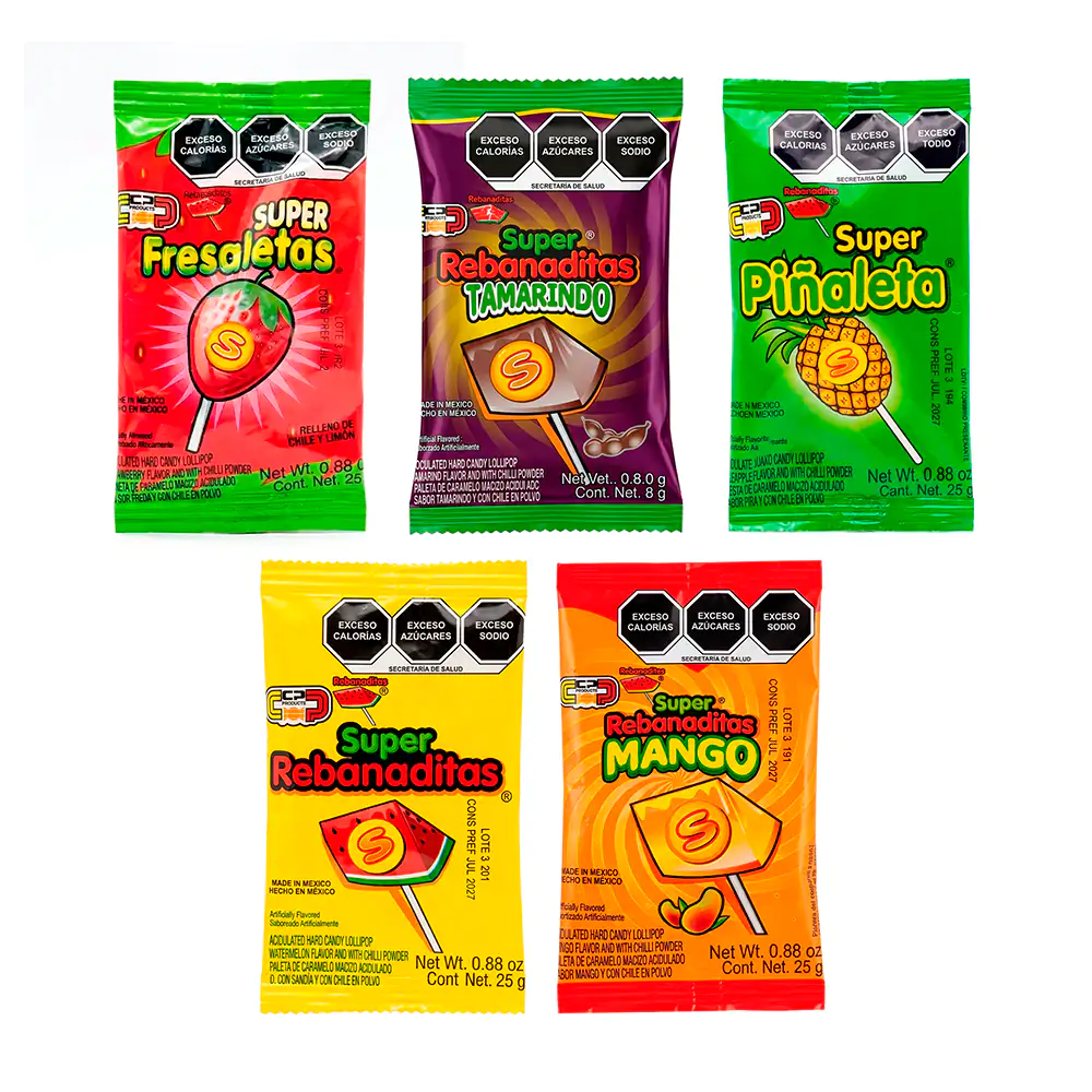 1pza Paleta de caramelo macizo de diferentes sabores + chile en polvo, 25g