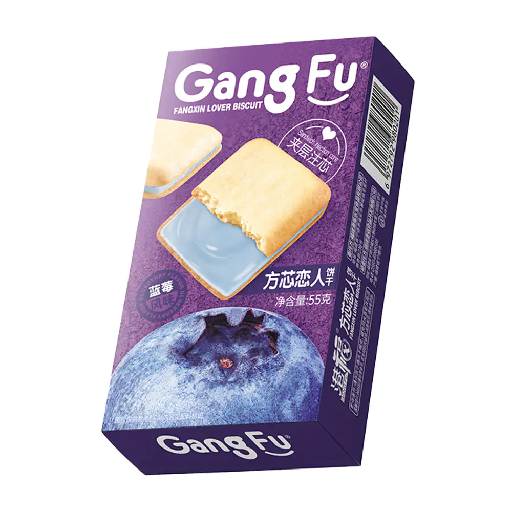 Paquete gang fu con galletas suaves tipo sándwich con crema sabor a moras azules, 55g / 980201