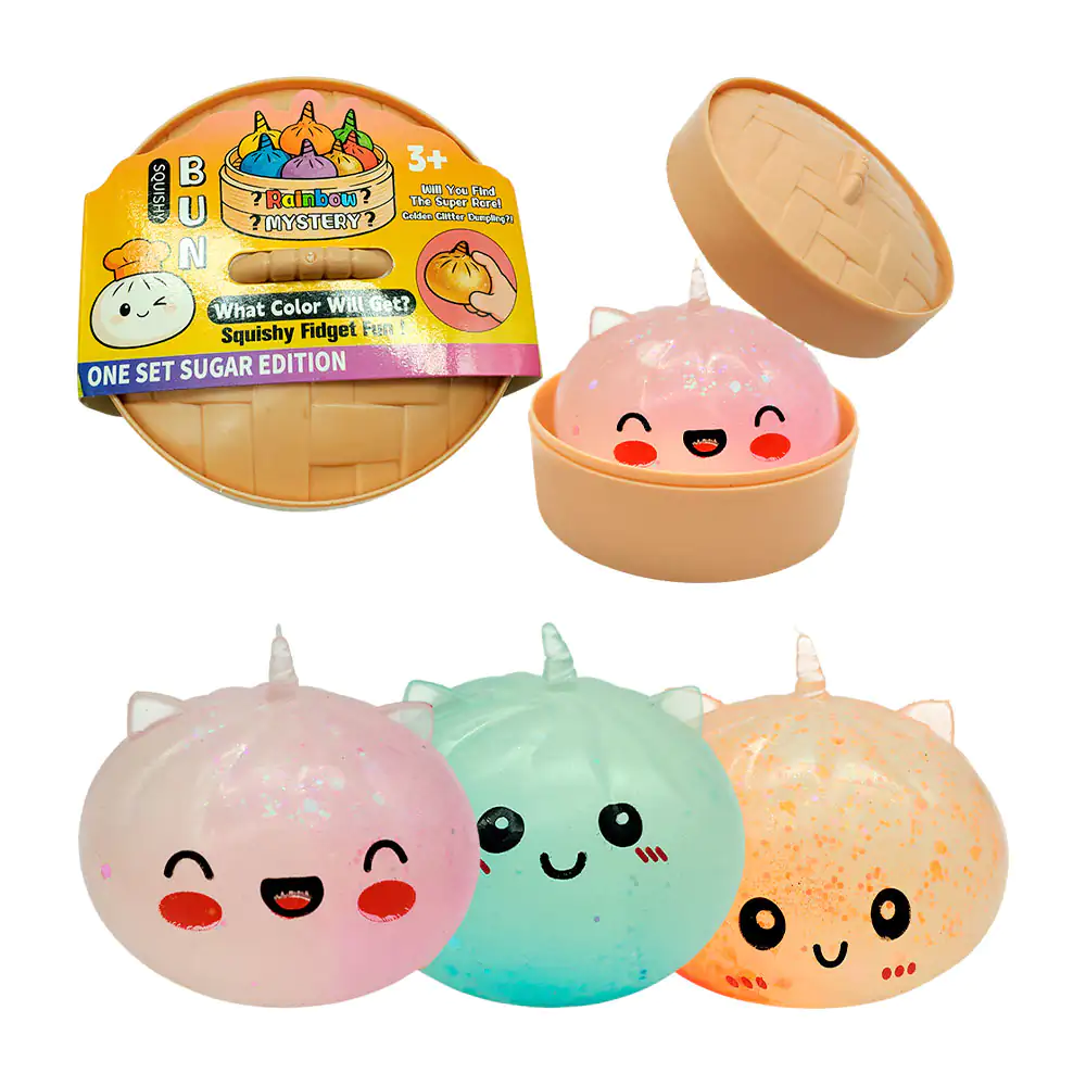 Squeeze misterioso de dumplings, forma de unicornio con glitter, 10cm, estuche tipo vaporera de bambú