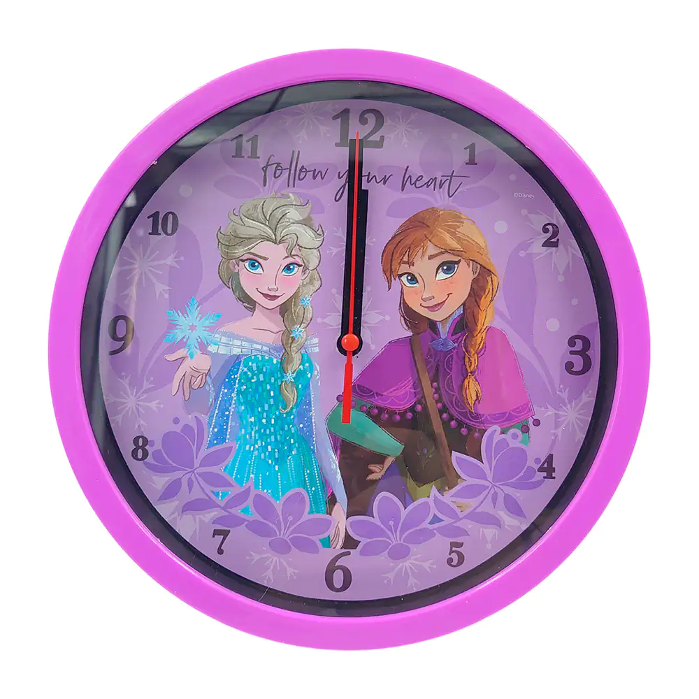 Reloj analógico 20cm de pared con marco morado con temática de frozen / acw-3