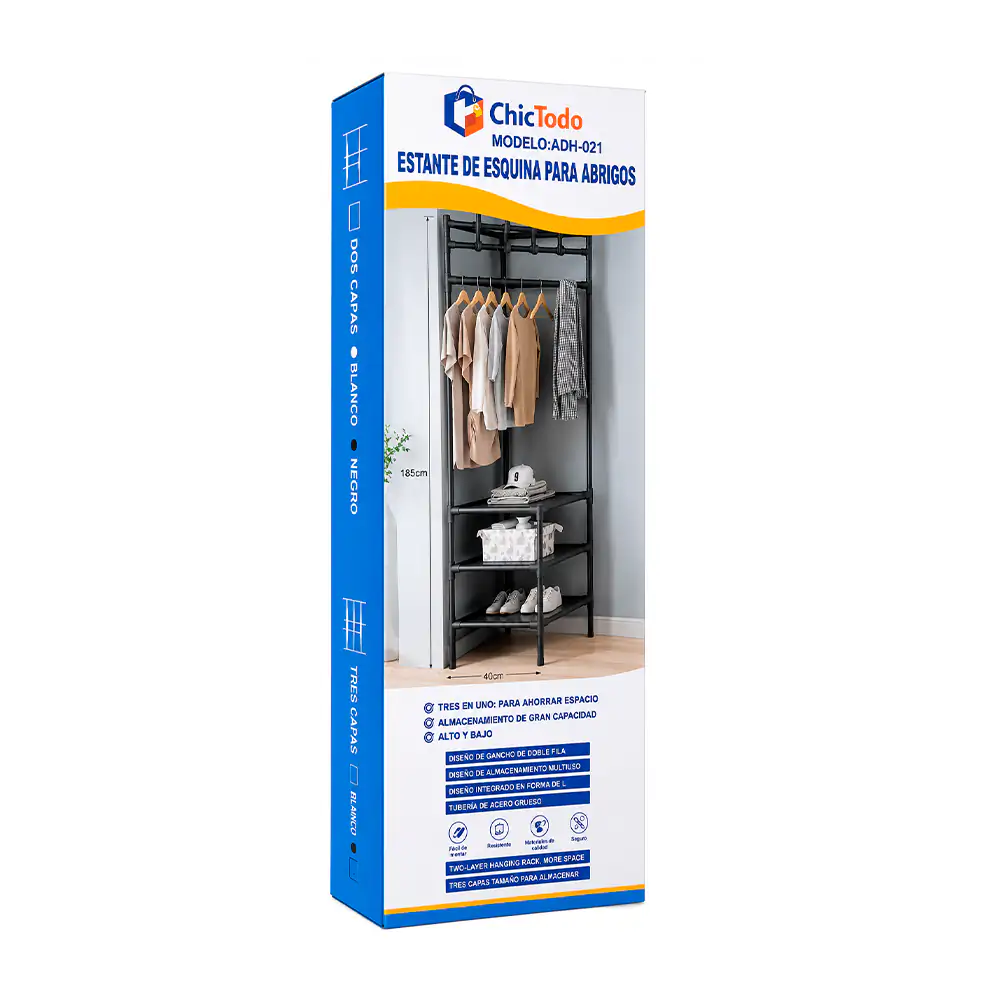 Esquinero organizado chictodo armable de 3 niveles con tubo y ganchos tipo perchero, 85x40cm