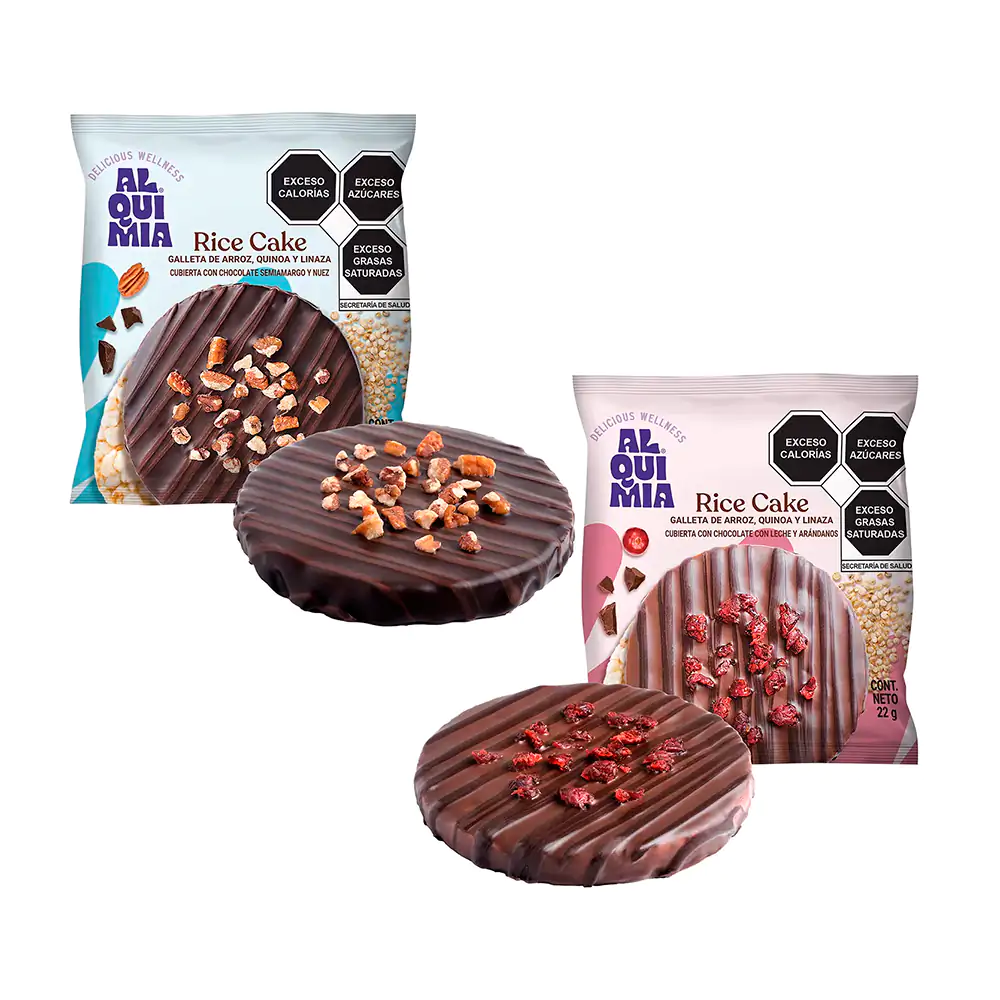 1pza Galleta de arroz alquimia bañada en chocolate + arándanos o nuez, 22g