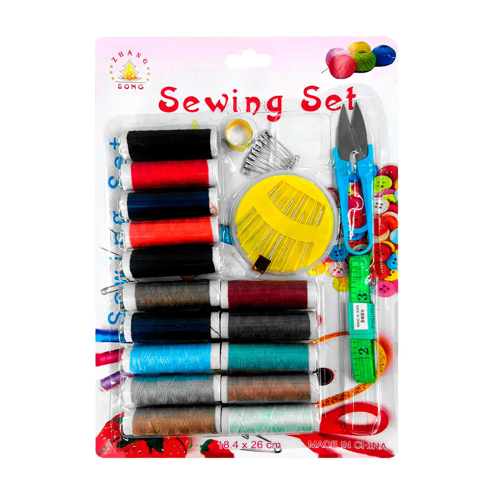 Kit de costura con 15 hilos de colores, 16 agujas, tijera, cinta métrica, clips + dedal