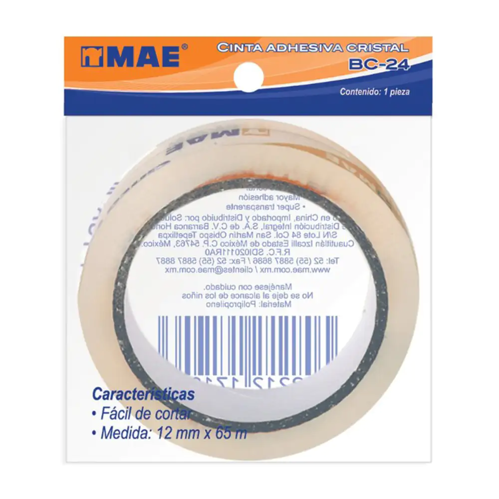 Cinta adhesiva grande transparente, 12mm x 65m, fácil de cortar / bc-24
