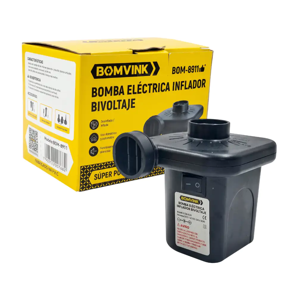 Bomba eléctrica infladora bivoltaje bomvink, adaptador de corriente, cargador vehicular + 3 puntillas