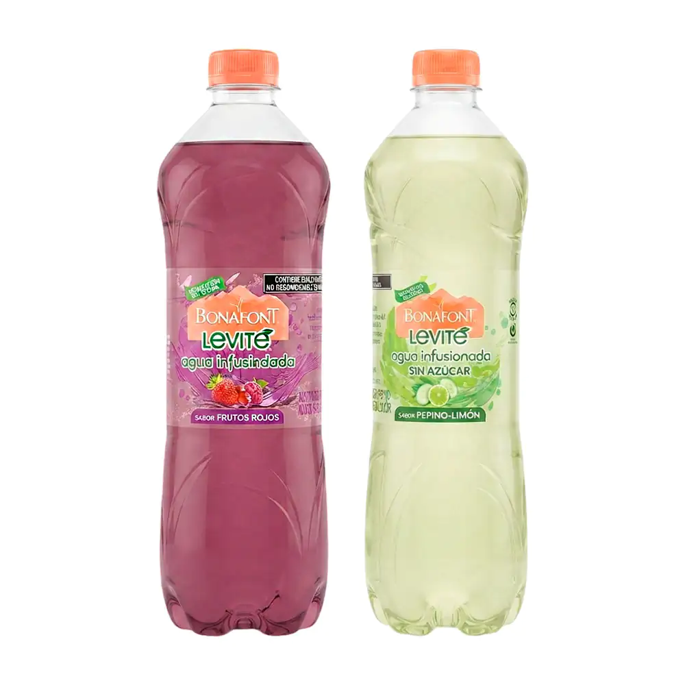 1pza Botella agua bonafont levité sabor frutos rojos o pepino limón, 1 litro 