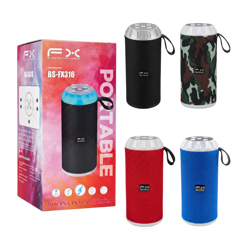 Bocina fx inalámbrica con diseño cilíndrico, luz rgb, sonido 360, variedad de colores / bs-fx316