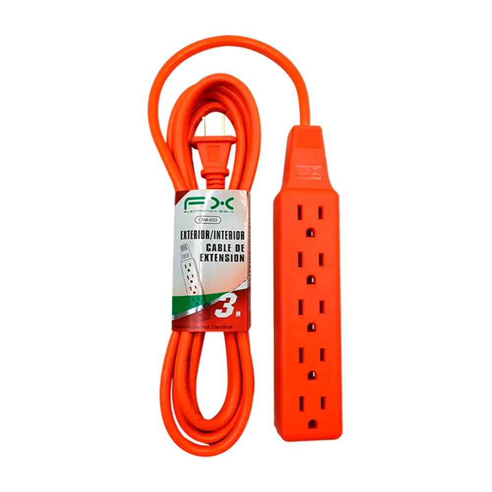 Extensión eléctrica naranja de 3 metros fx con barra multicontactos de 5 enchufes trifásicos 