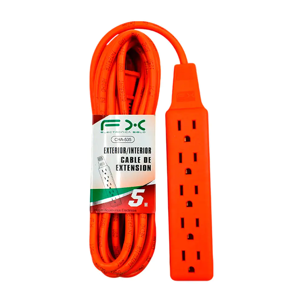 Extensión eléctrica naranja fx de 5 metros con barra multicontactos de 5 enchufes trifásicos 