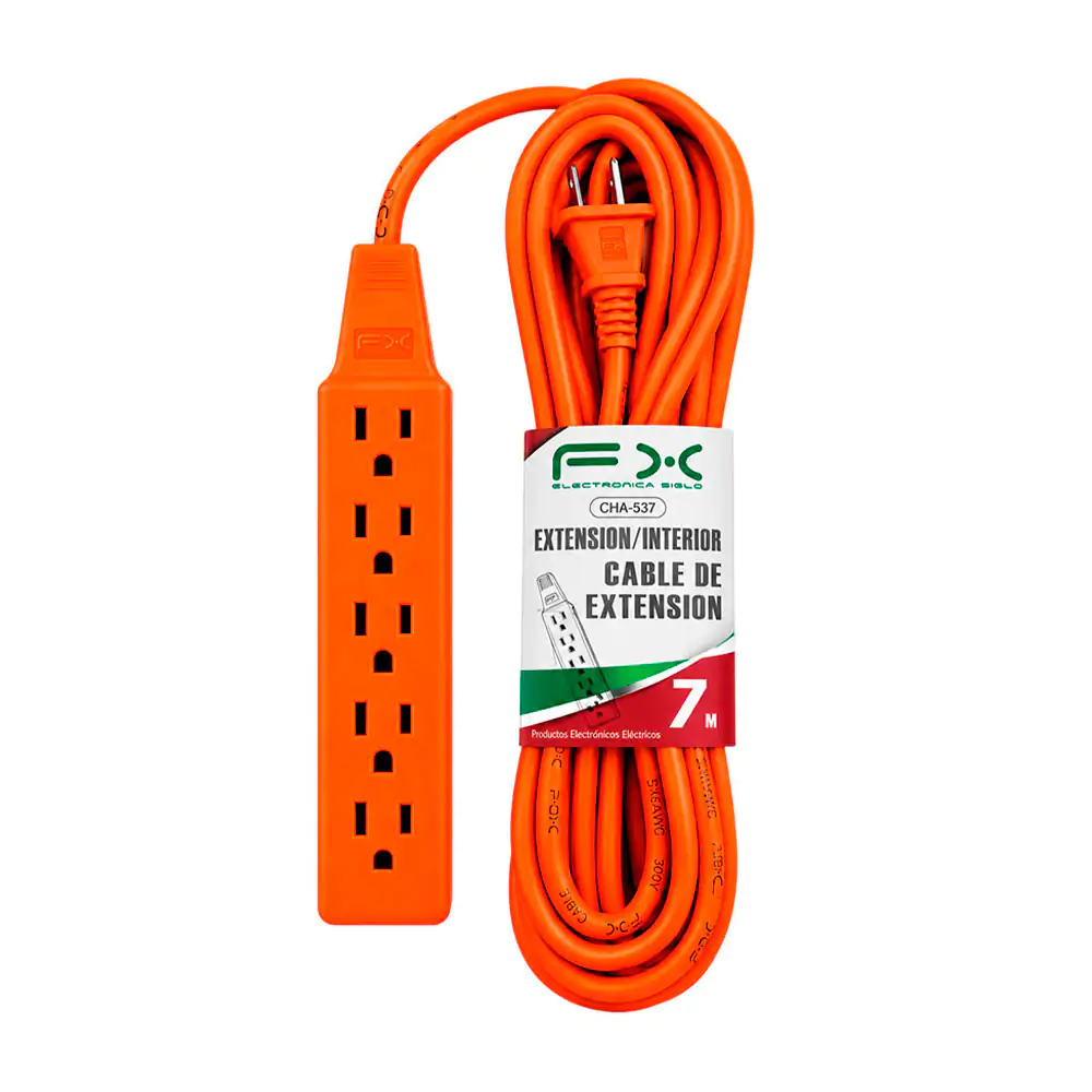 Extensión eléctrica naranja fx de 7 metros con barra multicontactos de 5 enchufes trifásicos