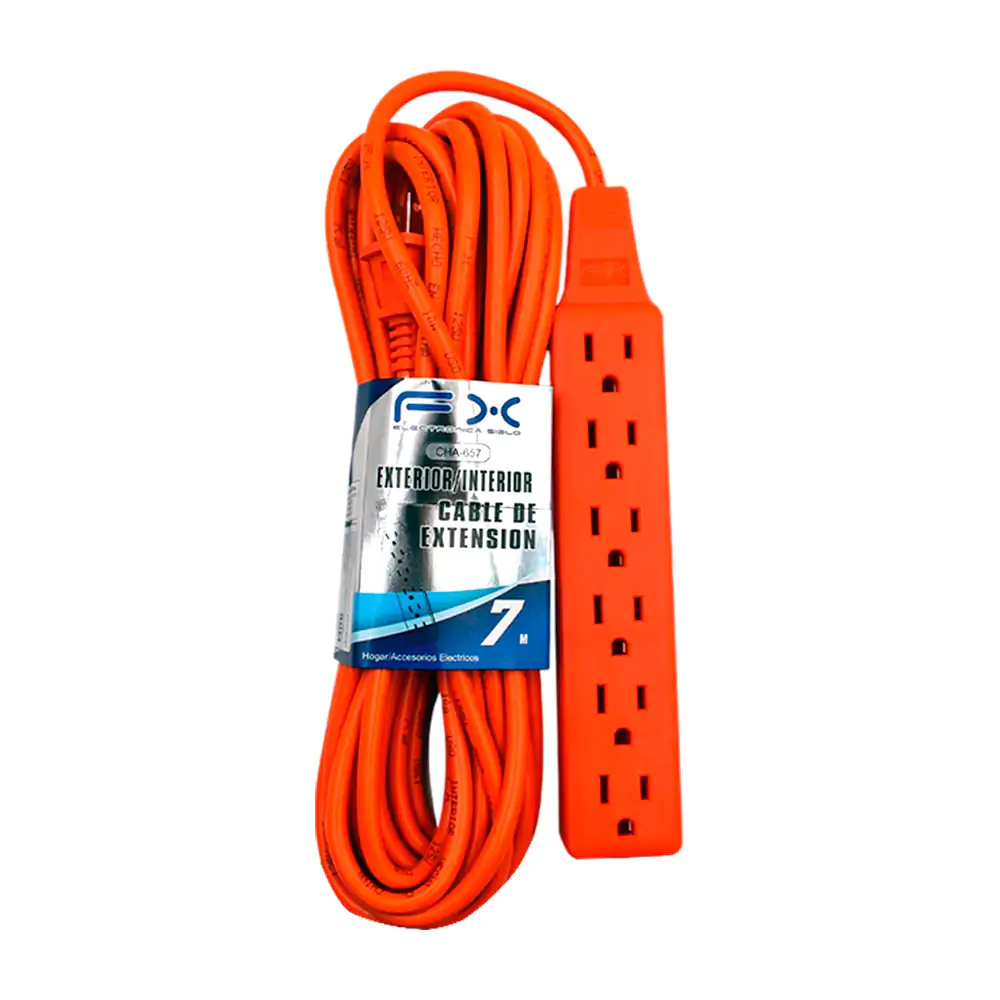 Extensión eléctrica naranja fx de 7 metros con barra multicontactos de 6 enchufes trifásicos
