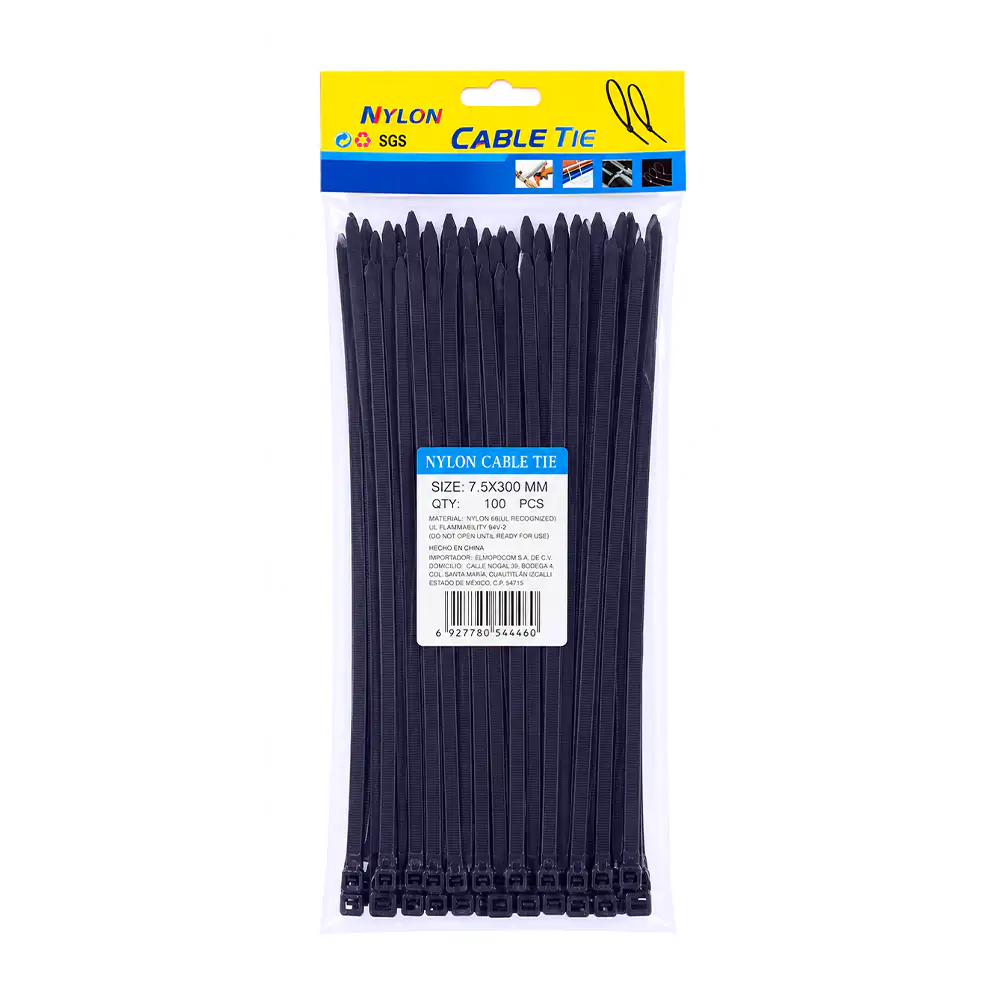  Paquete con 100 cinchos negros de nylon/7.5X300MM