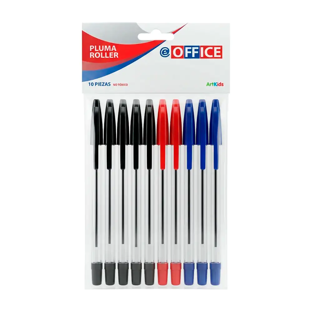 Paquete con 10 plumas bolígrafos en color azul, rojo y negro