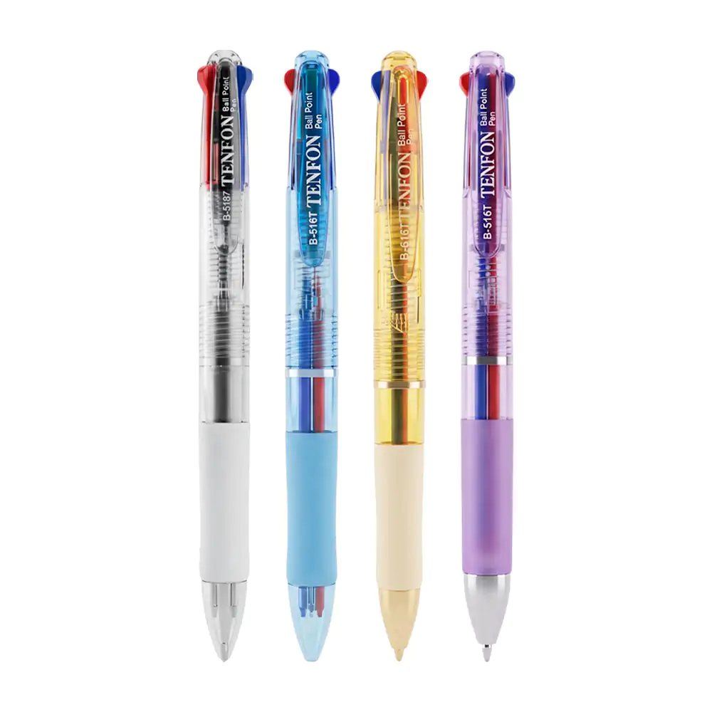 1pza Pluma bolígrafo translúcida retráctil tricolor con tintas básicas, variedad de colores