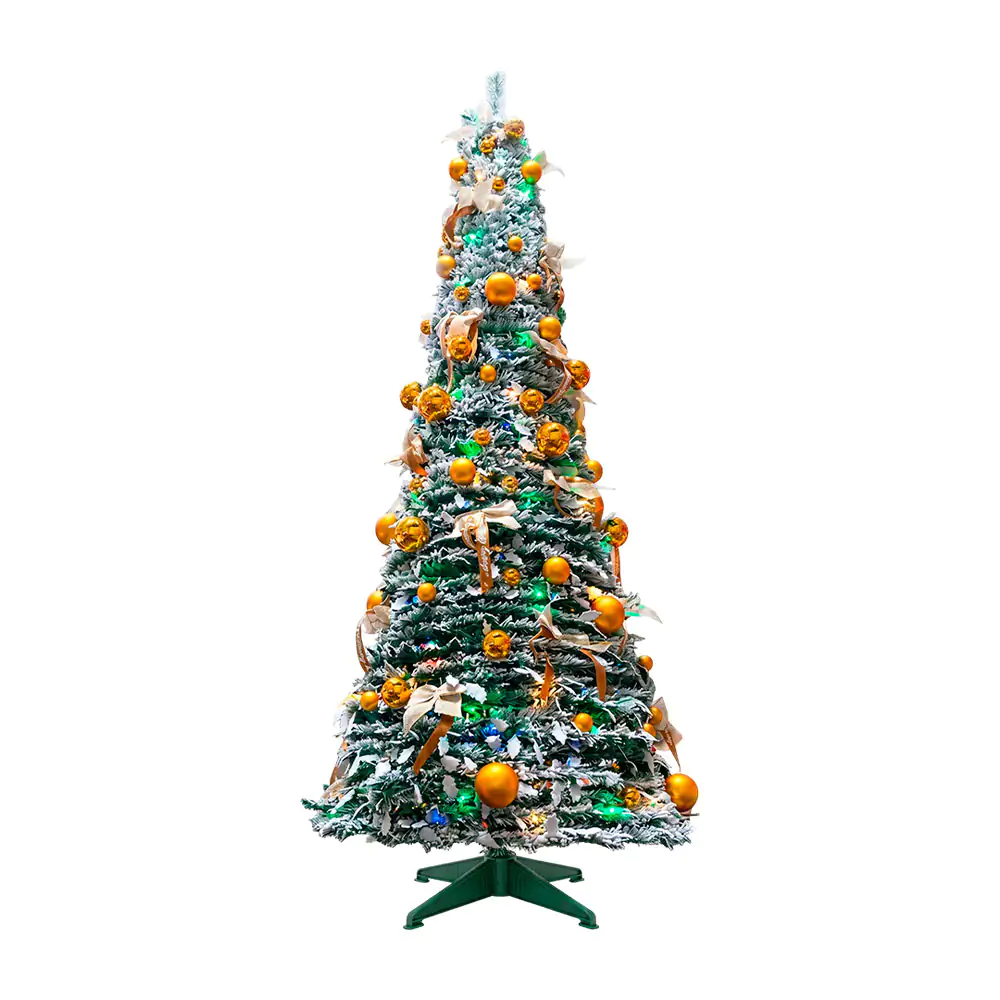Árbol navideño artificial decorativo, color verde con efecto nevado + decoración, 210cm / fes.61.210cm