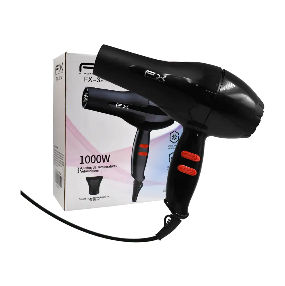 Secadora fx para el cabello con accesorios, 1000w de potencia con 2 velocidades / fx-3214