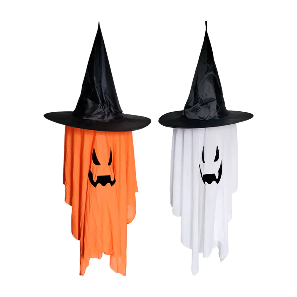Sombrero de bruja con temática de Halloween y manta tipo velo con estampado + luz, variedad 