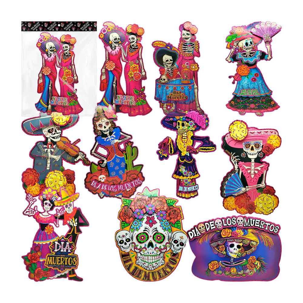 Adorno decorativo de 42cm con 3d, diamantina y temática del dia de muertos, variedad