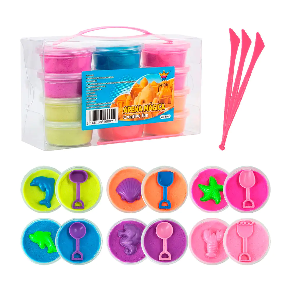 Paquete con 12 mini botes de arena mágica de diferentes colores + mini figura, variedad