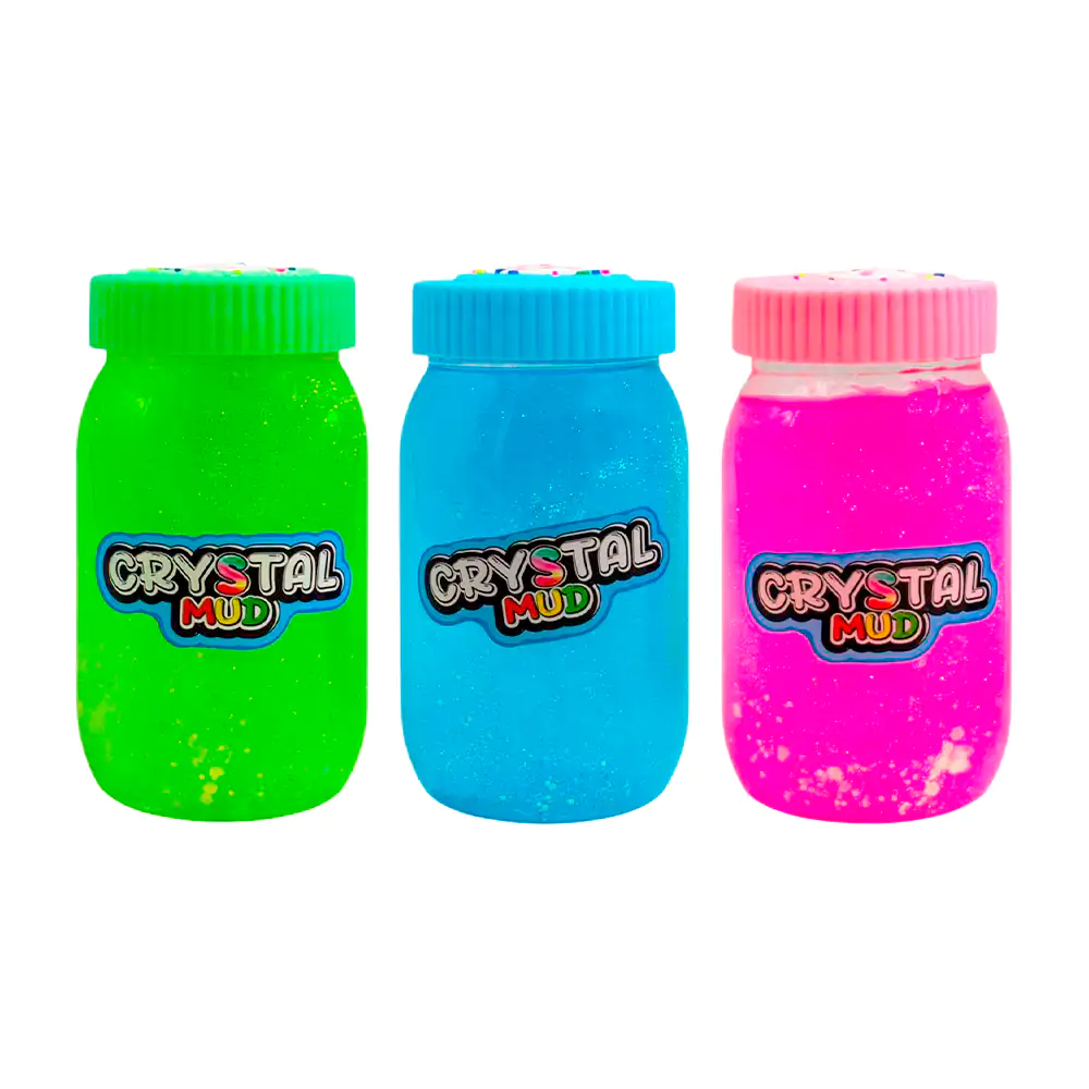 Bote de slime brilloso con glitter tapa con figura de silicon, variedad de colores