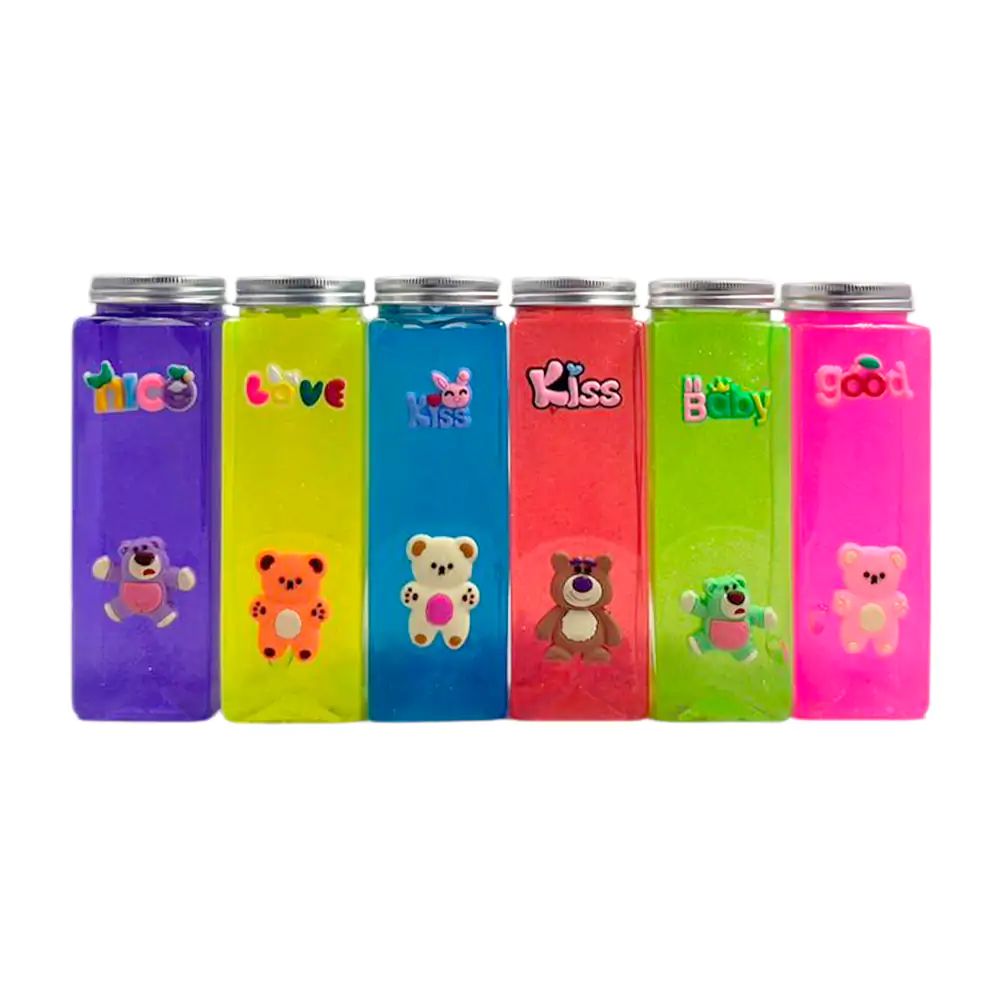 Bote rectangular de slime brilloso + figuras de silicon de oso y frase, variedad de colores