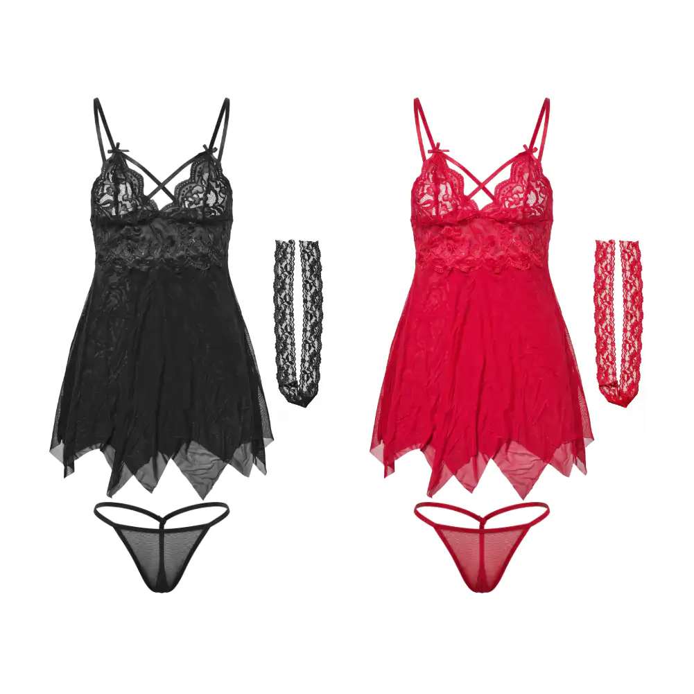 Conjunto de lencería tipo baby doll + liguero de encaje, variedad de colores y tallas / hj0030837