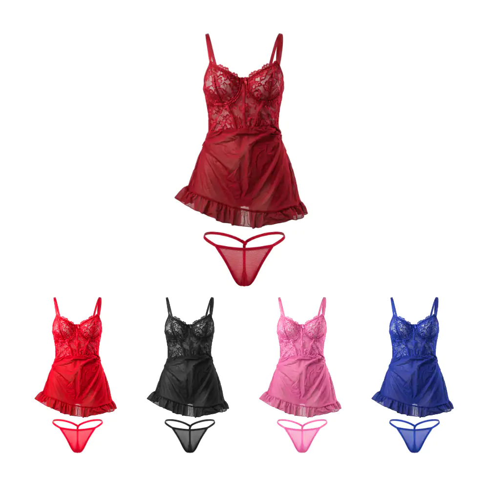 Set lencería de 2pzas, vestido con transparencia y encaje + tanga, va…