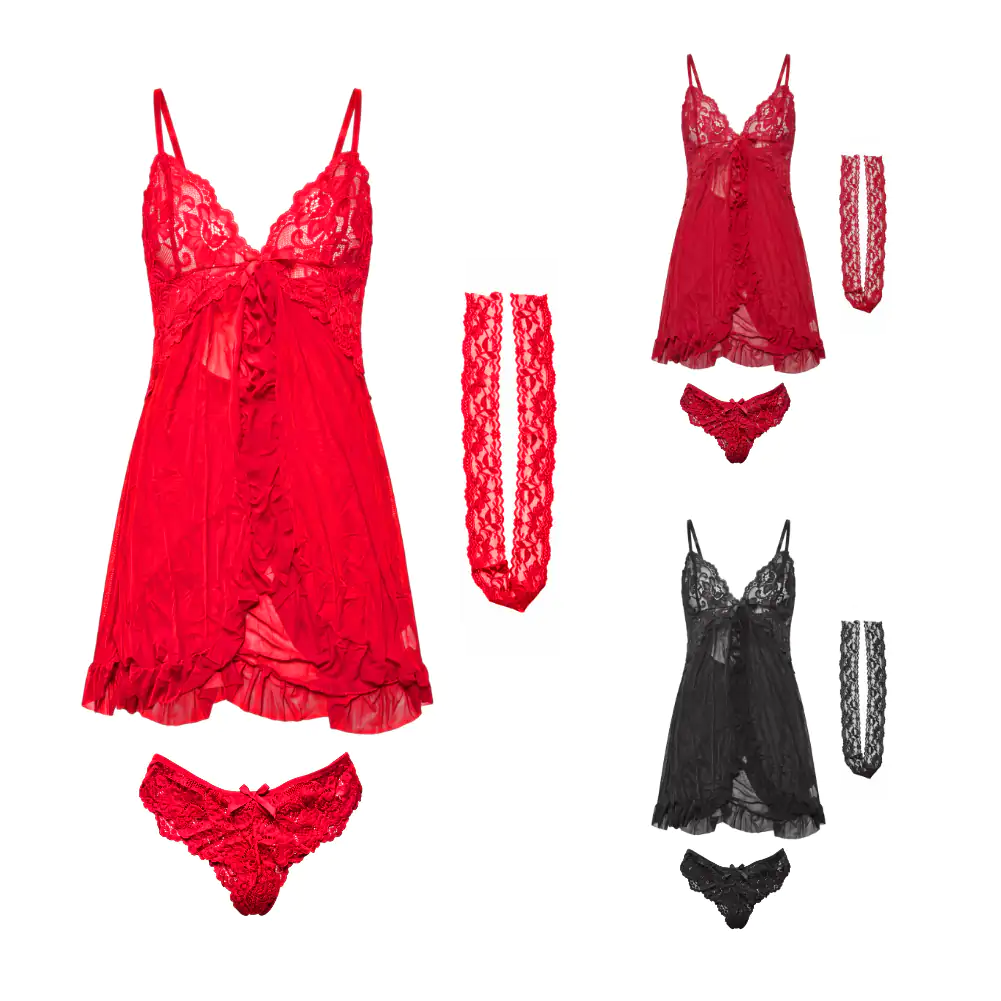 Conjunto de lencería tipo baby doll, vestido + calzón tipo tanga, var…
