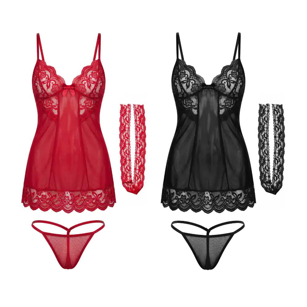 Set lencería de 2pzas, vestido con transparencia y encaje + accesorios, variedad de colores y tallas