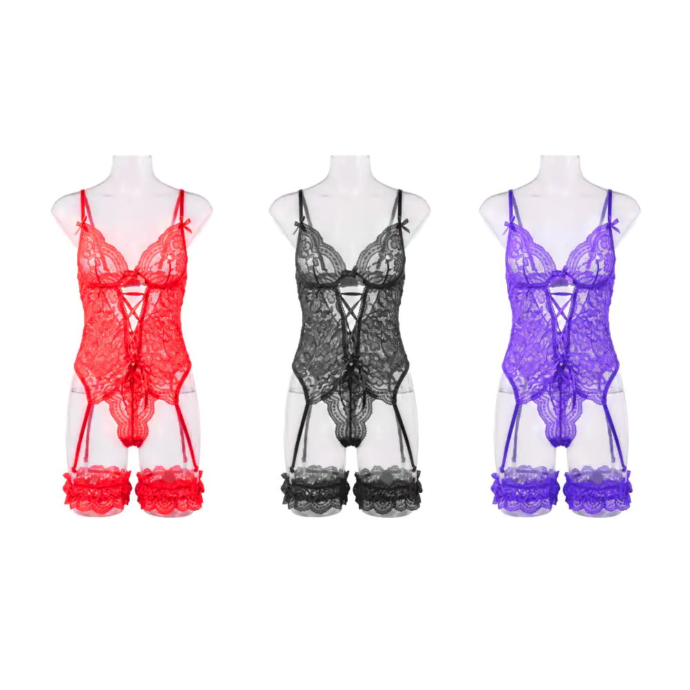 Conjunto de lencería tipo baby doll, vestido + liguero de encaje, variedad de colores y tallas