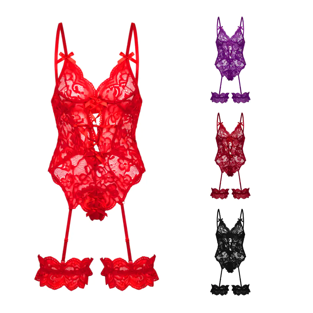 Lencería tipo body de encaje con cuello en v + liguero, variedad de colores y tallas / hj0039352