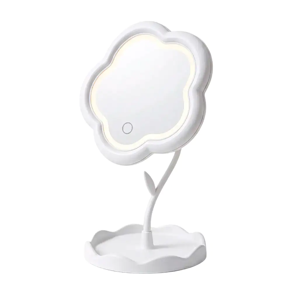 Espejo en forma de flor para tocador con 3 modos de iluminación y base organizadora / hog.mk06