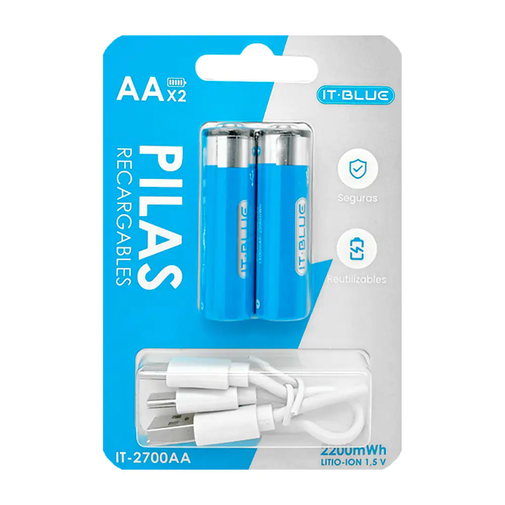 Blíster con 2 pilas - baterías recargables it blue de 2200mah doble aa + cable de carga 