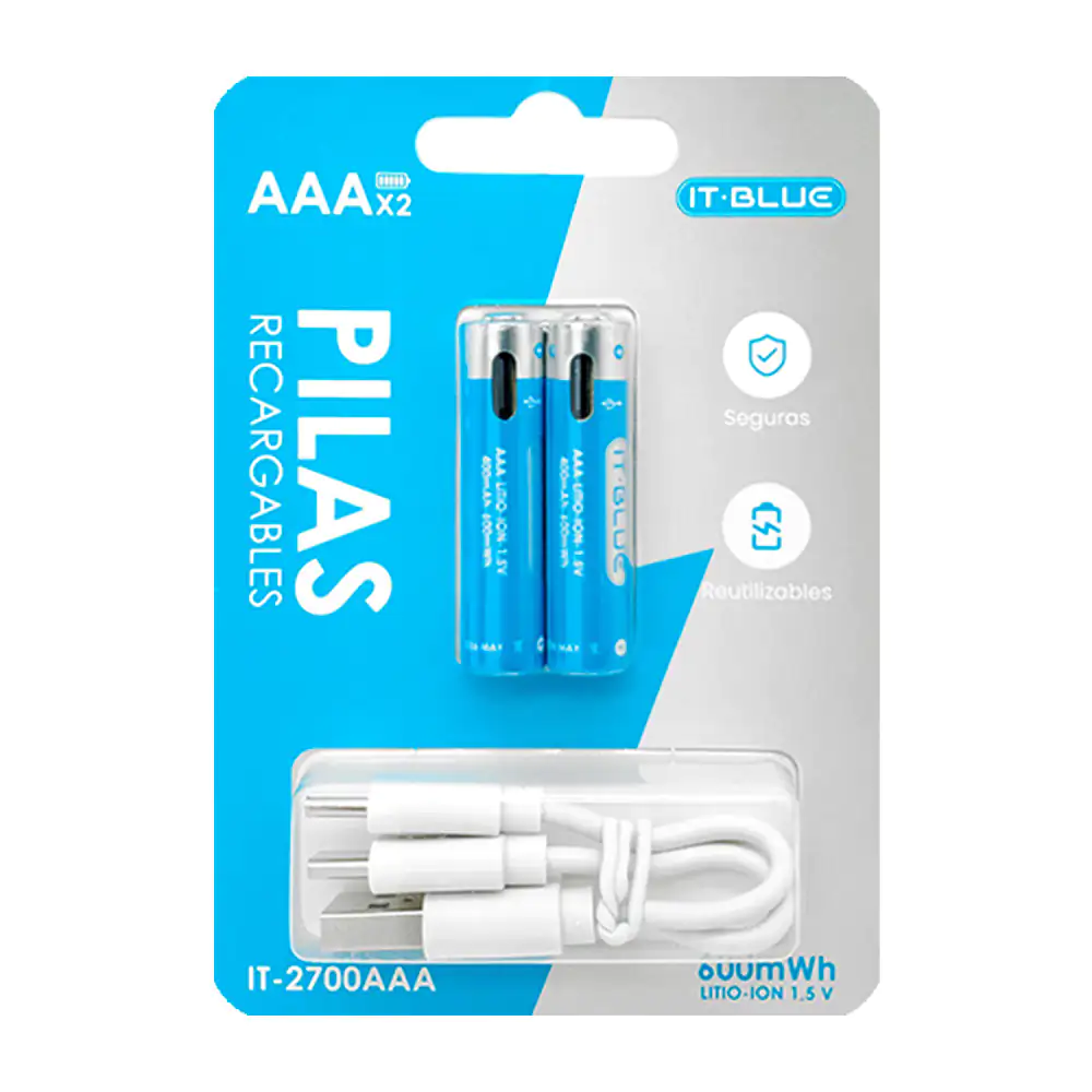 Blíster con 2 pilas - baterías recargables ti blue triple aaa y cable de doble conexión 