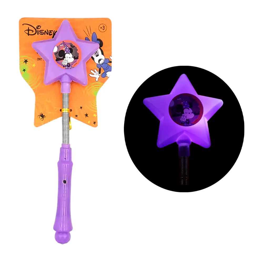 Varita de luz con estrella morada y mango flexible de resorte con temática de minnie mouse / j-vla6