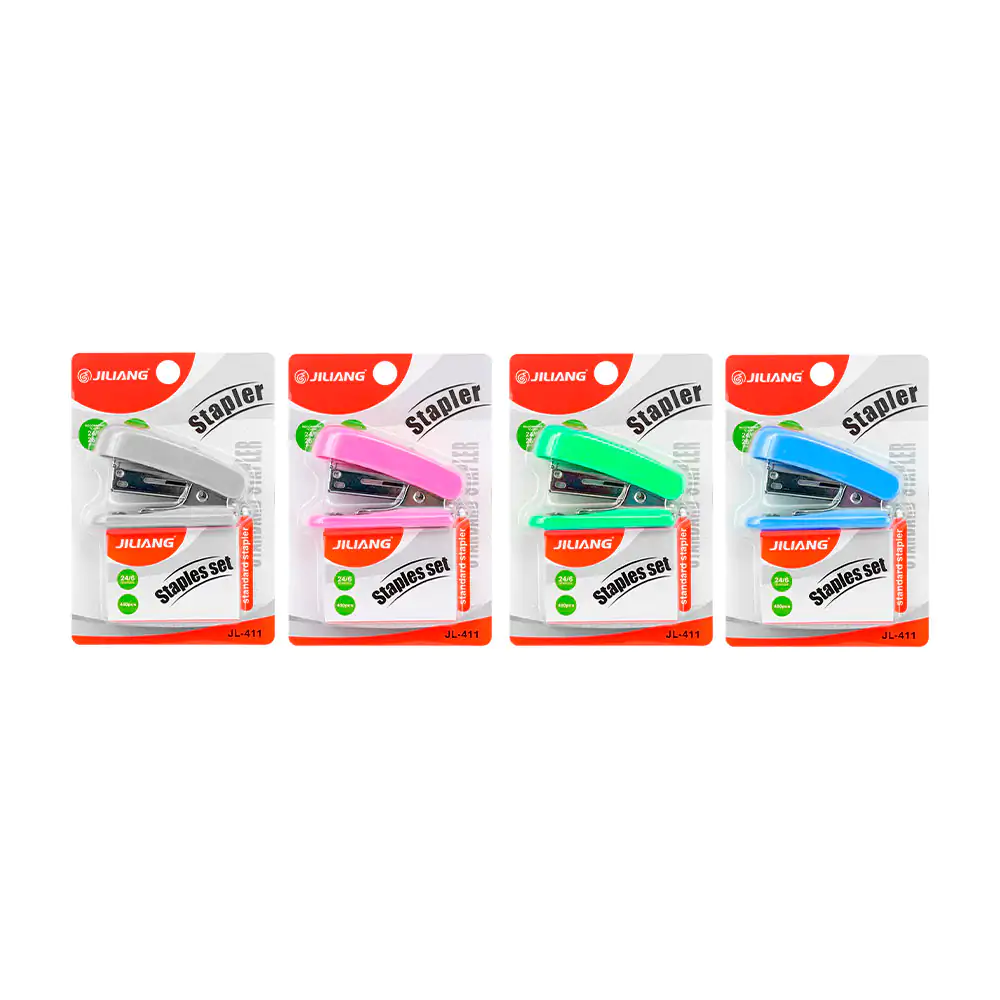 Blíster con mini engrapadora + caja con 400 pz de grapas de 24/6, variedad de colores / jl411