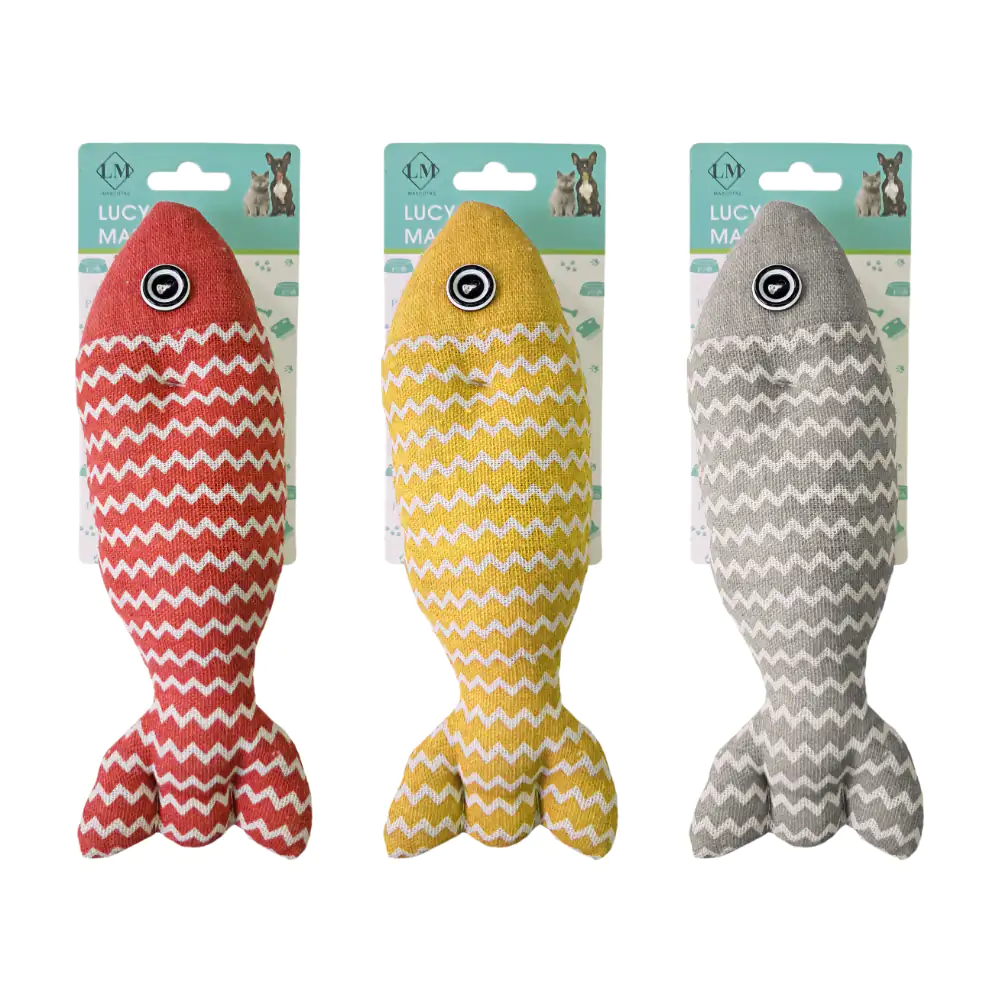 Juguete para mascota tipo peluche, forma de pececito con diseño en ondas, variedad de colores
