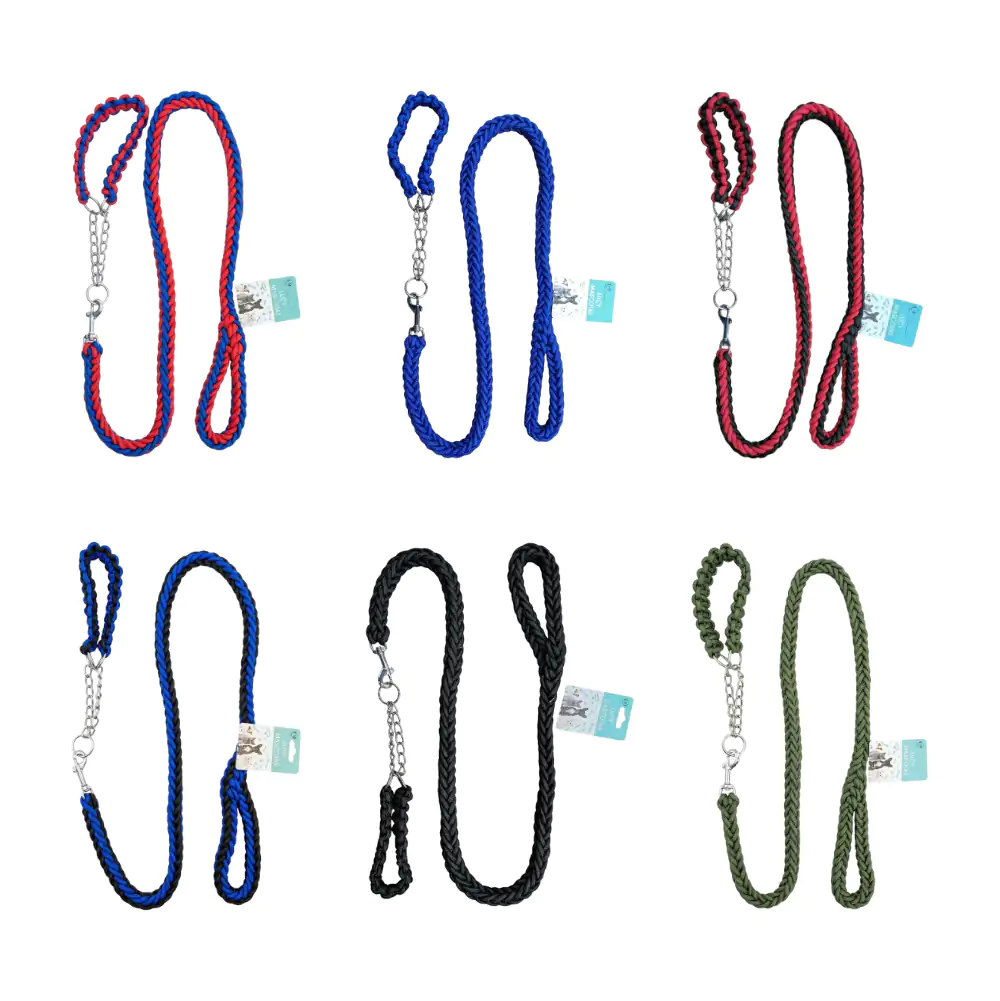 Correa trenzada de 120cm + collar de castigo reforzado con cadena, variedad de colores / jr2879