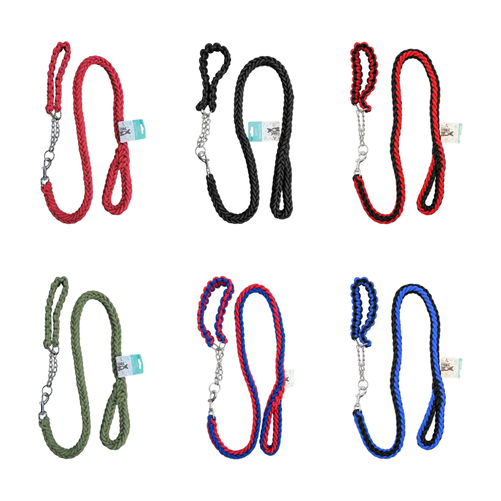 Correa trenzada de 120cm + collar de castigo reforzado con cadena, variedad de colores / jr2880