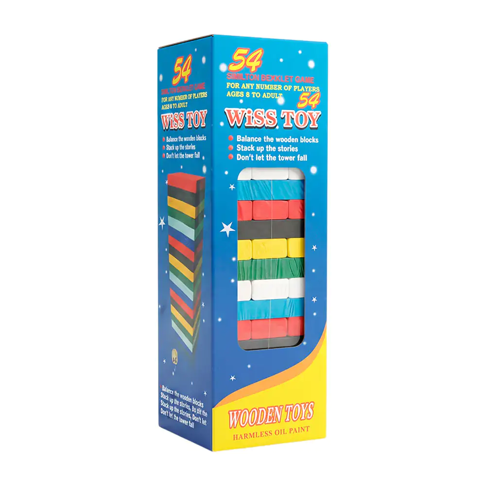 Juego de mesa con 54 bloques de madera tipo torre de colores + 1 dado, 21x7.5cm