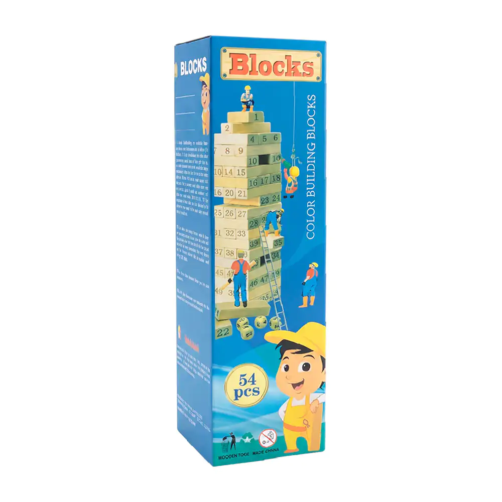 Juego de mesa con 54 bloques de madera tipo torre de colores + 1 dado, 27x7.5cm