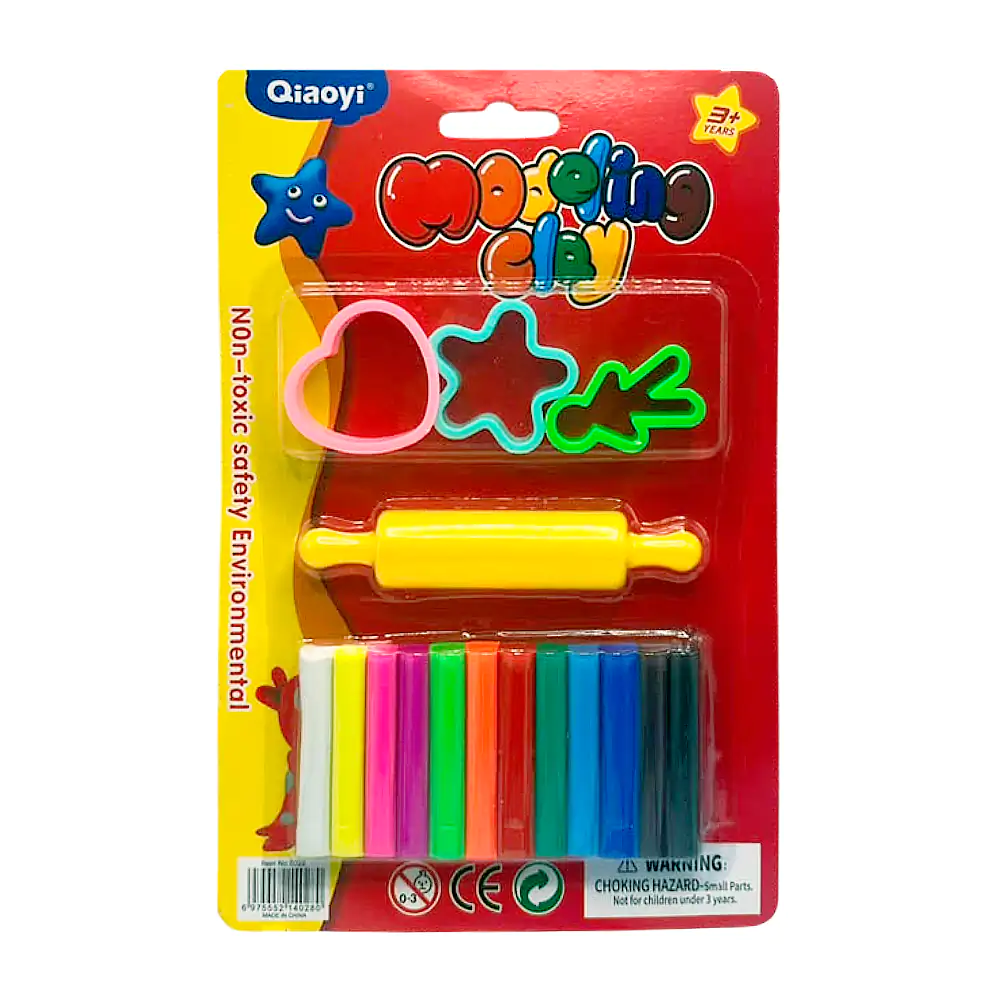 Blíster con 12 barritas de plastilina de diferentes colores, mini rodillo + 3 mini figuras molde