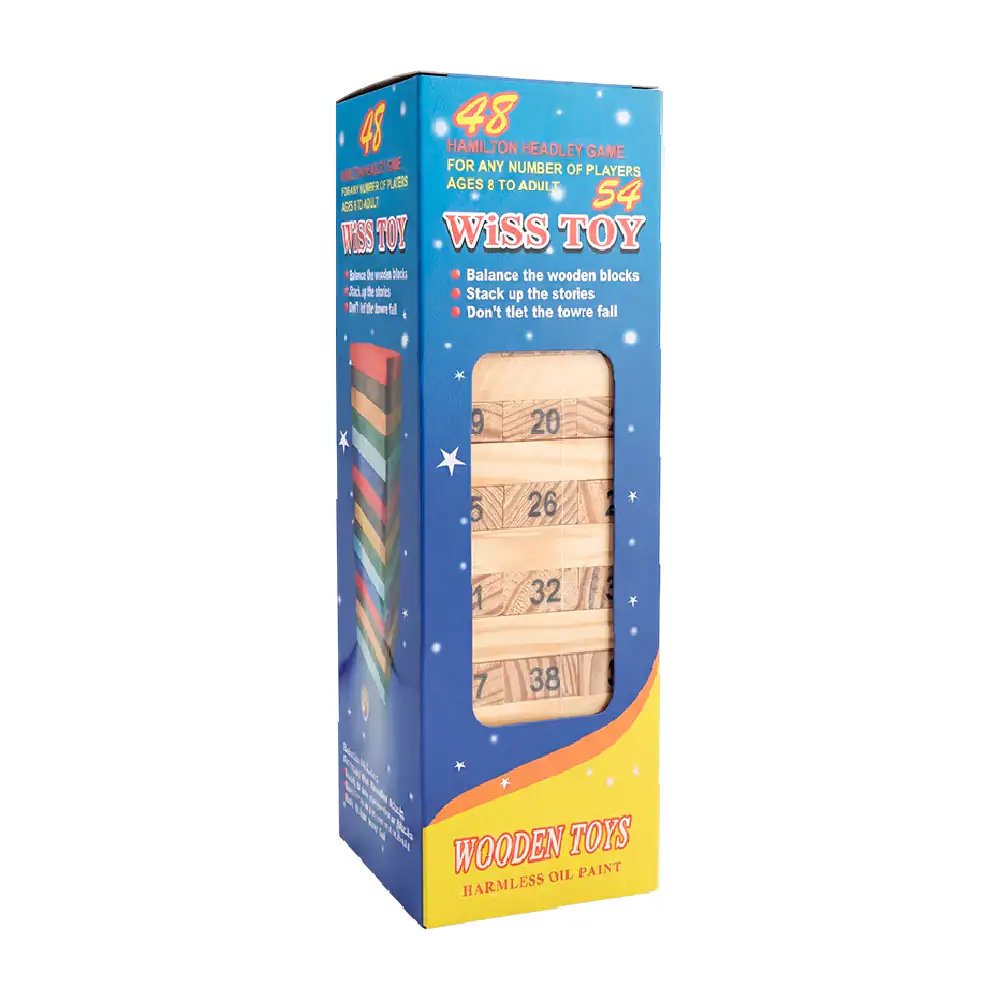Juego de mesa con 48 mini bloques de madera tipo torre de colores + 1 dado, 13x4.5cm