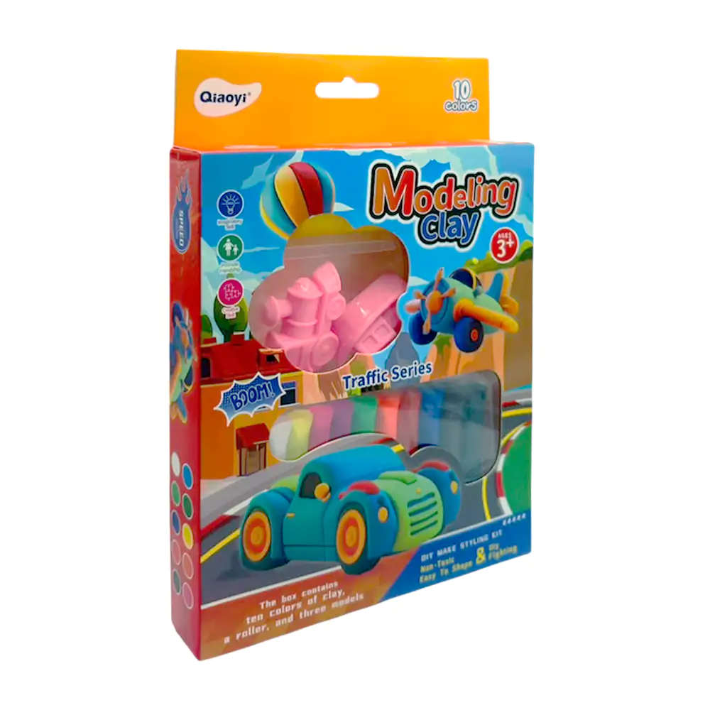 Paquete con 10 barritas de plastilina de diferentes colores, mini rodillo + 3 mini moldes