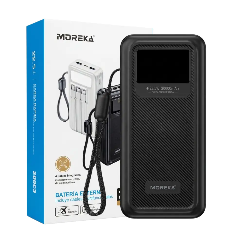 Power bank moreka 20000mah, 22.5w pantalla led digital  + 4 cables mu…