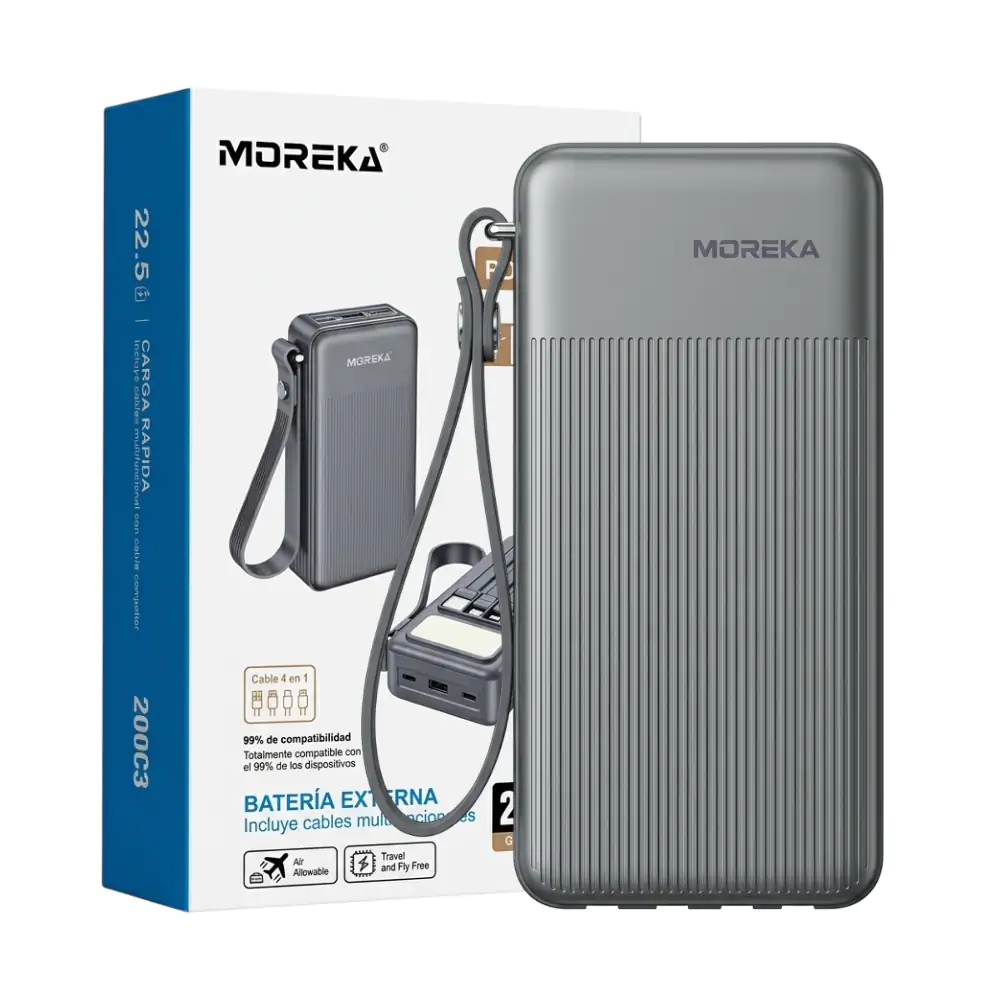 Power bank moreka 20000mah, 22.5w iluminación led + cables multifuncionales / k117
