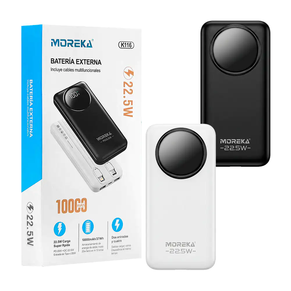 Power bank moreka 10000mah, 22.5w  pantalla digital + cables multifun…