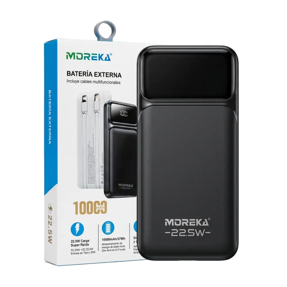 Power bank moreka 10000mah, 22.5w pantalla led + cables multifuncion…
