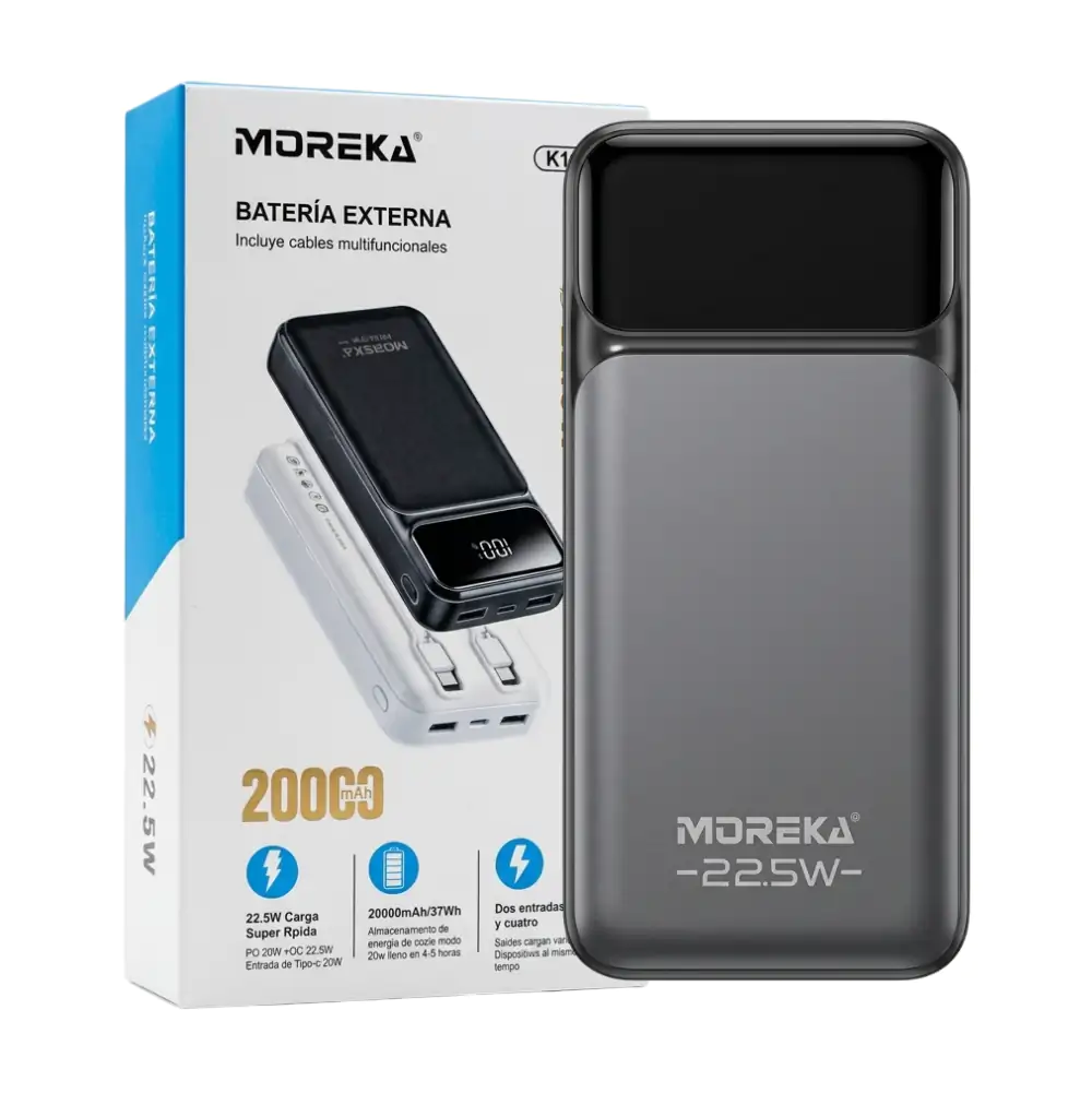 Power bank moreka 20000mah, 22.5w pantalla digital  + cables multifun…